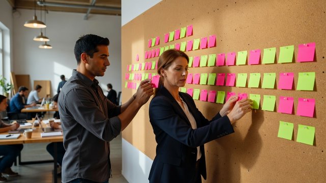Two strategists arranging pink and lime campaign sequence notes on a studio wall
